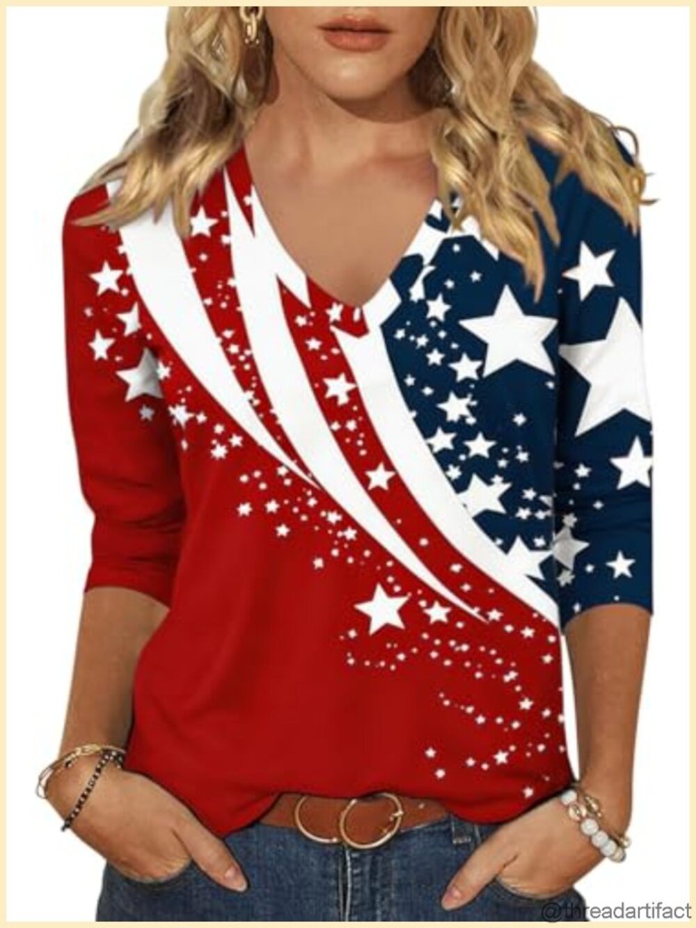 Womens 3/4 Sleeve V Neck American Flag T-Shirt 4th of July Summer Tee